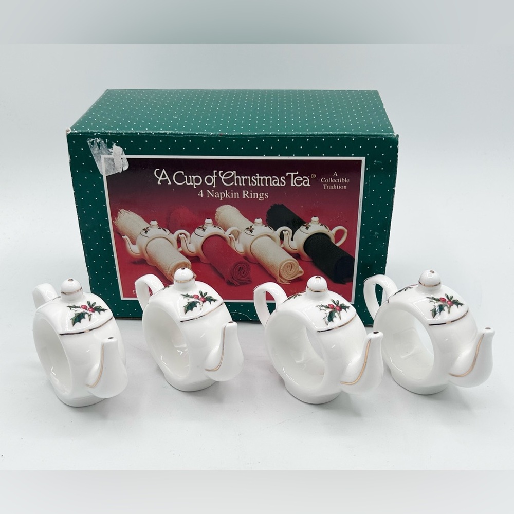 Vintage Bone China Waldman House A Cup of Christmas Tea Napkin Rings Set of 4